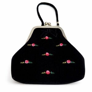Vintage Black Hand Bags Velvet Formal Purse Velour Embroidered Roses Cluchs